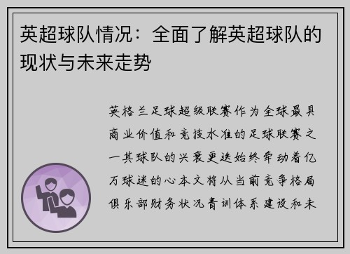 英超球队情况：全面了解英超球队的现状与未来走势